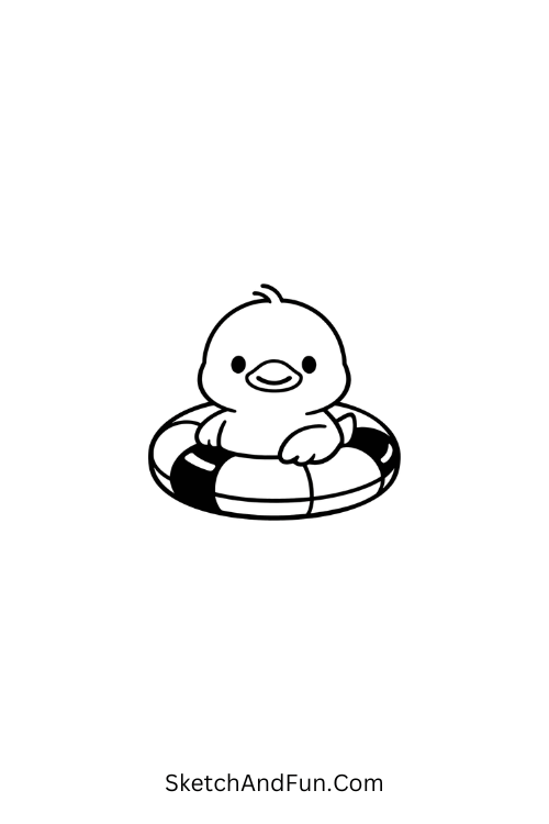 A drawing of a duck in a float ring smiling, june drawing for beginners