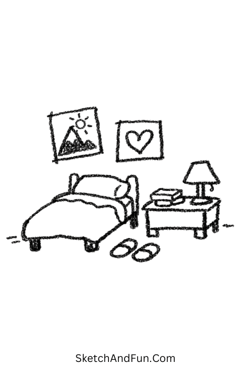 A doodle of cozy bedroom scene with bed and books, printable scrapbook doodles