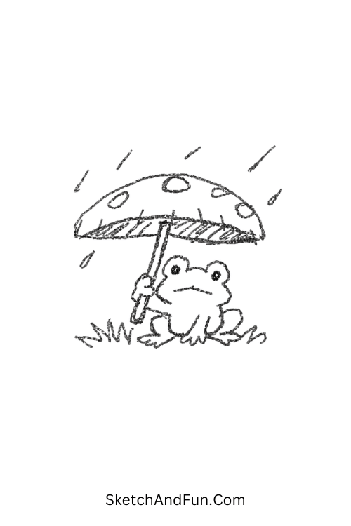 Cute frog under mushroom umbrella in rain, aesthetic doodles for kids simple