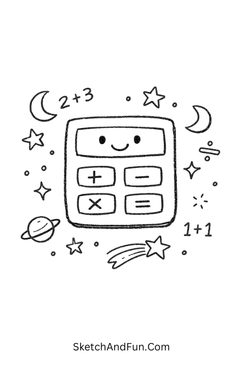A small calculator floating in a galaxy filled with stars, moons, and math symbols, Math doodle art easy