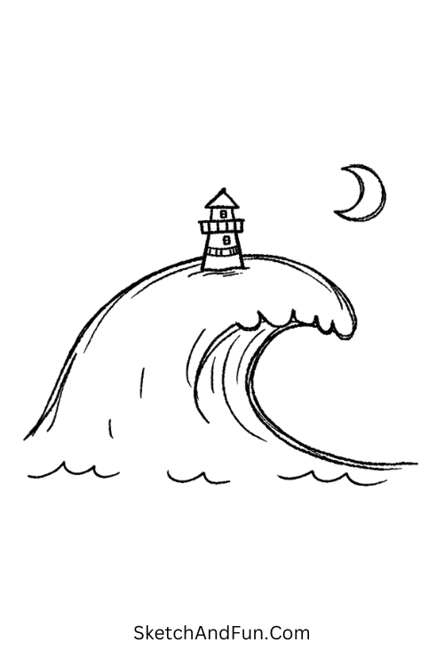 Small curved wave with tiny lighthouse under moon glow, Sea doodle ideas