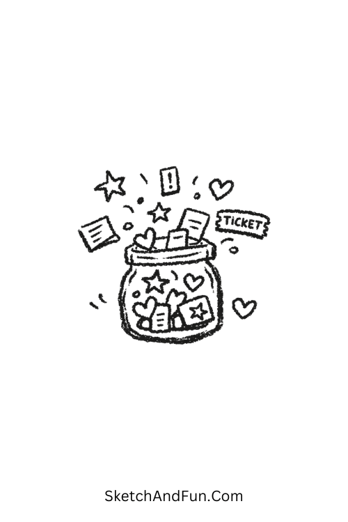 A doodle of a tiny glass jar filled with stars, hearts, tickets and notes, scrapbook doodles ideas