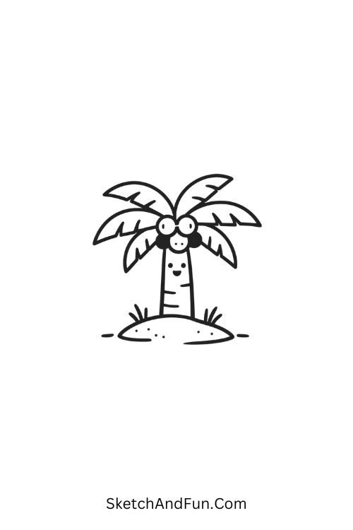 A drawing of a small palm tree with coconuts, june monthly doodles