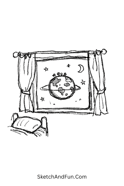 Small window showing floating planet outside, simple doodles nature aesthetic