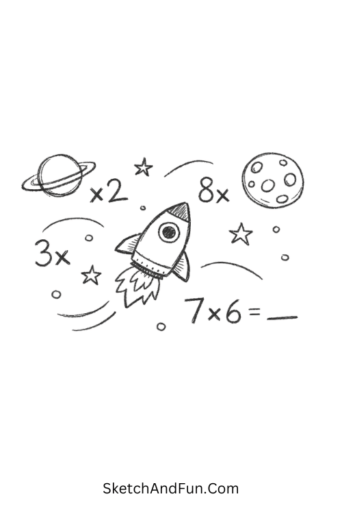 Tiny rocket flying through numbers, planets, and multiplication symbols in space, Printable math doodles