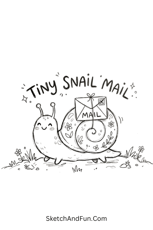 Tiny smiling snail carrying a mini envelope on its shell, Easy bug drawings