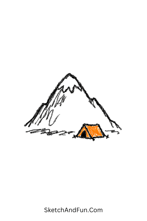 A doodle of a tiny tent under a small mountain peak, how to draw mountains easy