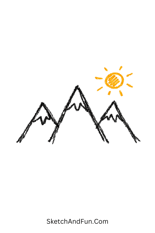 A doodle of three simple triangle peaks with a tiny sun above them, mountain sketch for beginners