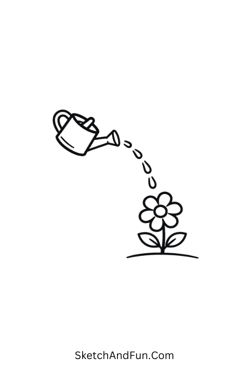 Tiny watering can pouring water on flower, easy garden doodles