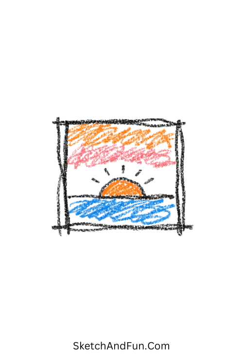 A doodle of a window showing sky, rain and sunset, scrapbook doodles inspiration