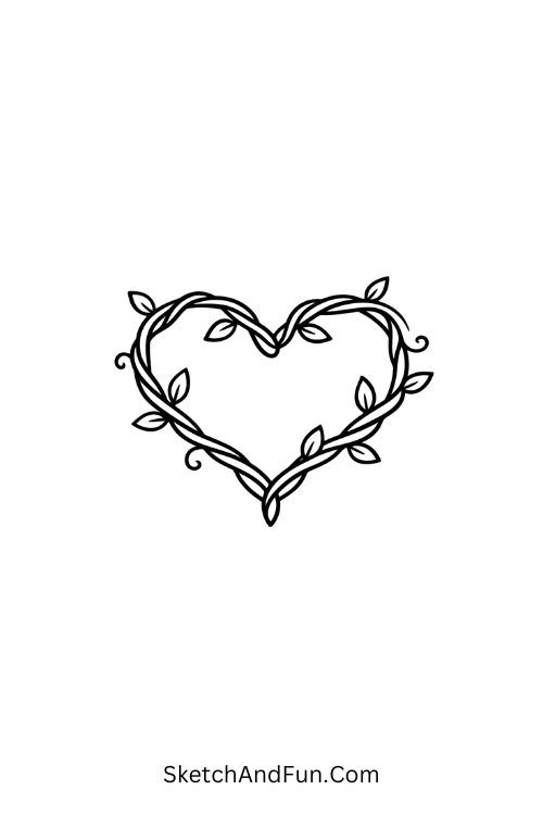 Heart made from twisting vines and leaves, botanical doodles