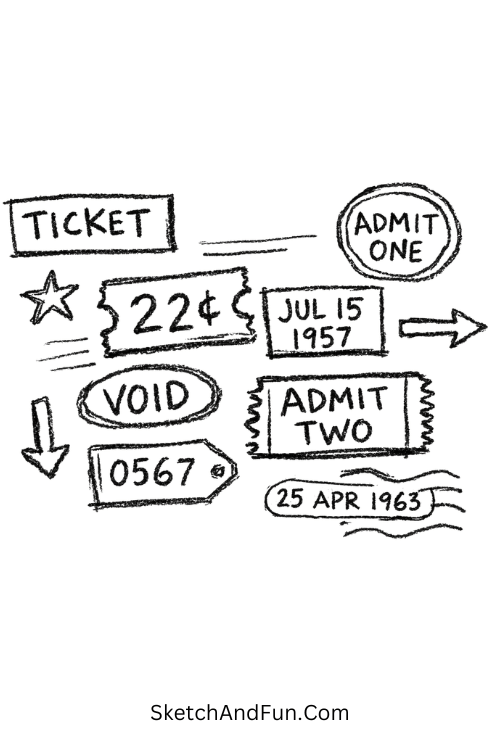A doodle of layered vintage tickets and stamps, vintage scrapbook doodles