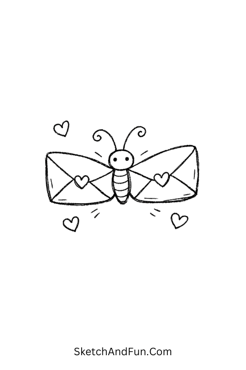 Butterfly with envelope-shaped wings and tiny heart details, Kawaii bug drawings