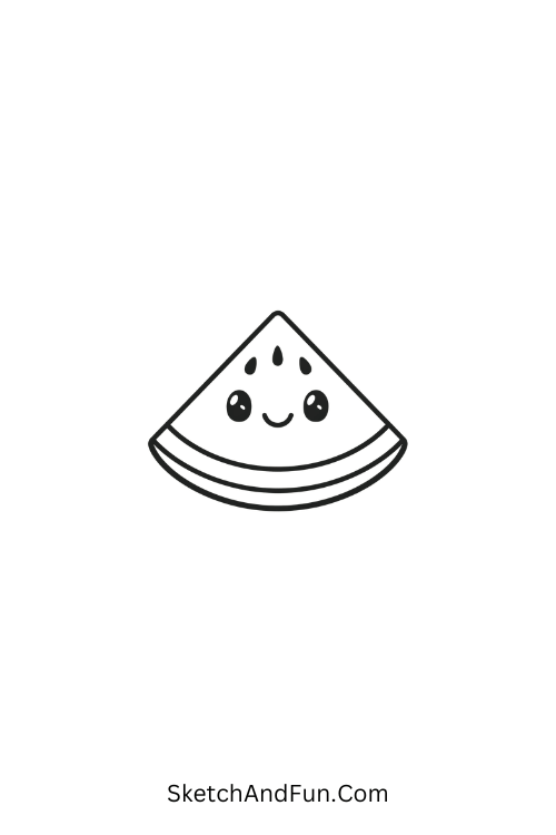 A drawing of a smiling watermelon slice with seed eyes, june drawing ideas for kids