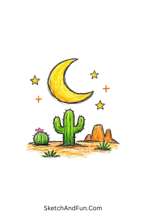 Crescent moon over cactus desert night scene, aesthetic western doodles