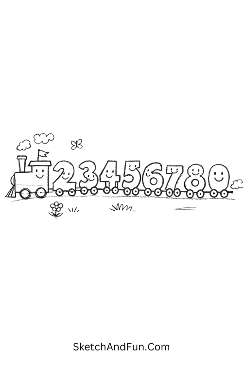 Number train connected together with smiling faces moving in a playful line, Math doodle worksheet pdf