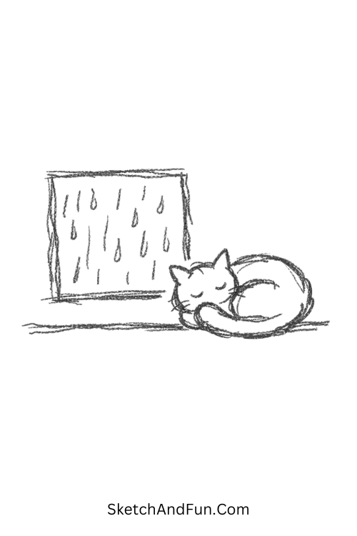Cat sitting by rainy window cozy mood, simple doodles sketch ideas aesthetic