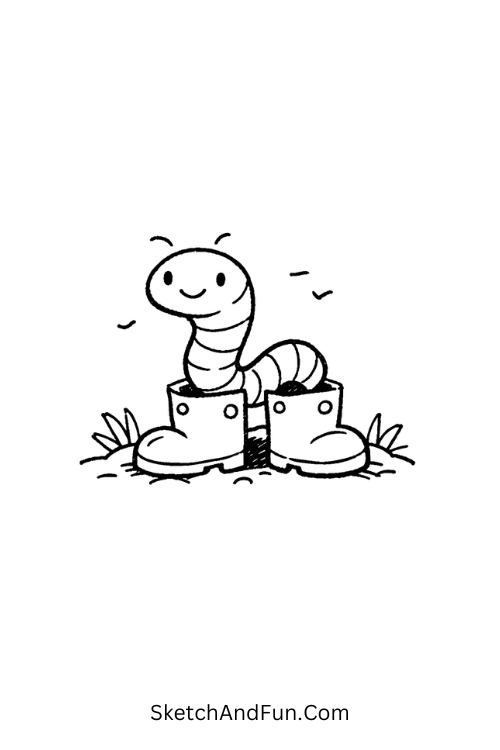Happy worm wearing oversized rain boots popping from the ground, Simple bug doodles