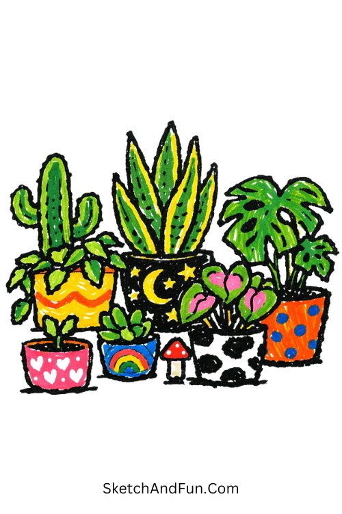 Cozy houseplants in decorative pots with soft green leaves, Posca canvas art ideas