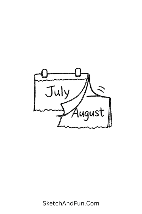 Calendar page flipping to August month, August calendar doodles