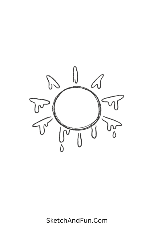 Dripping summer sun with melting rays, August drawing ideas