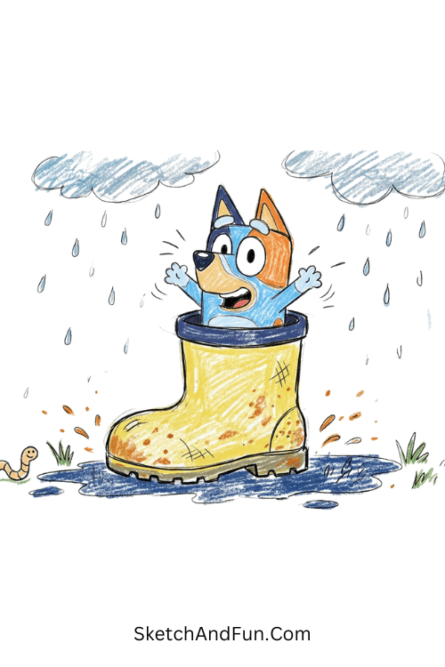 Bluey standing inside a big rain boot in funny cartoon style, Bluey cartoon drawing