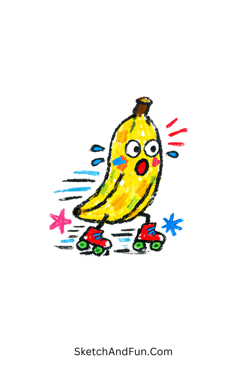 Banana on roller skates with funny face, things to draw with posca pens for beginners