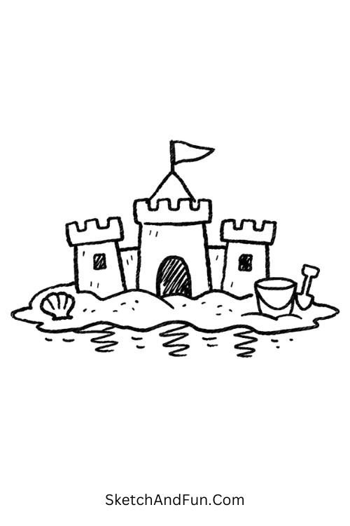 Simple sandcastle with small flags, July aesthetic drawings