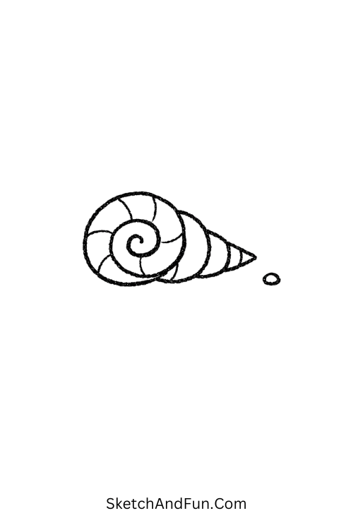 Spiral beach shell beside sand dot, August doodle ideas