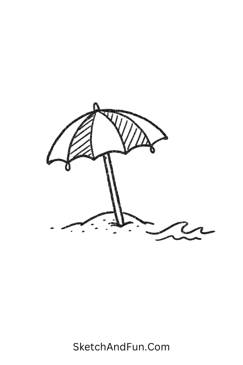 Striped beach umbrella beside tiny waves, August beach drawing ideas