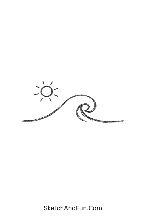 Simple ocean wave line with tiny sun above, July beach drawing ideas