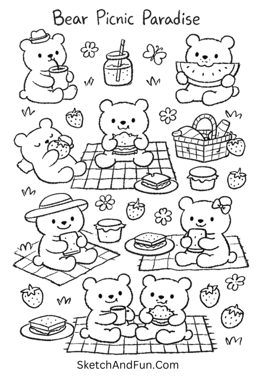 Cute bears enjoying picnic with strawberries, sandwiches, and flowers in a cozy scene, beginner friendly doodle pattern sheets