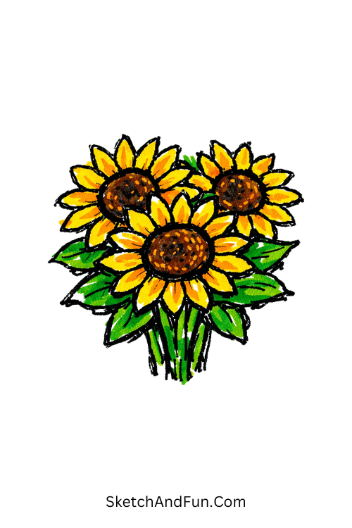 Sunflower bouquet with bright petals and fresh green leaves, acrylic marker flower drawing