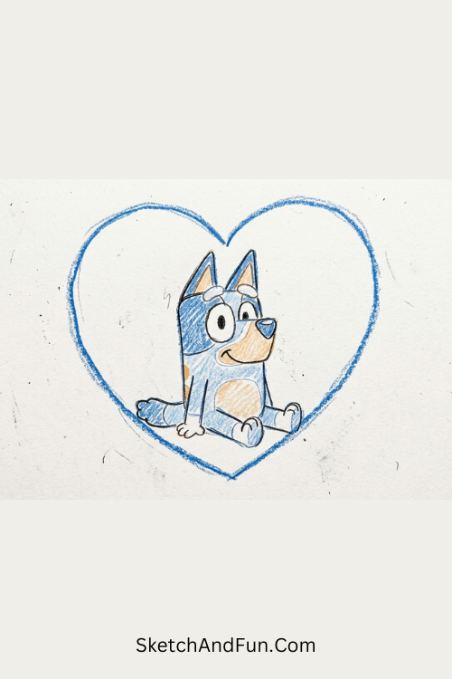 Bluey sitting inside a heart outline with soft minimal lines, Bluey outline drawing