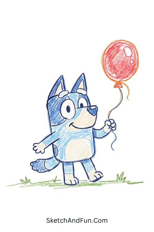 Cheerful Bluey holding a floating balloon in a simple cute style, Bluey drawing easy
