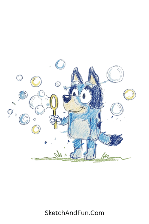 Bluey holding a bubble wand with floating bubbles around, Bluey step by step drawing