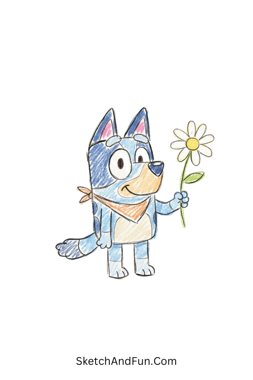 Bluey holding a daisy in a simple friendly pose, Bluey drawing for kids