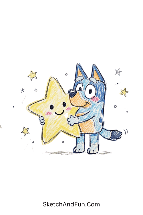 Bluey hugging a smiling star with warm cute energy, Bluey family drawing