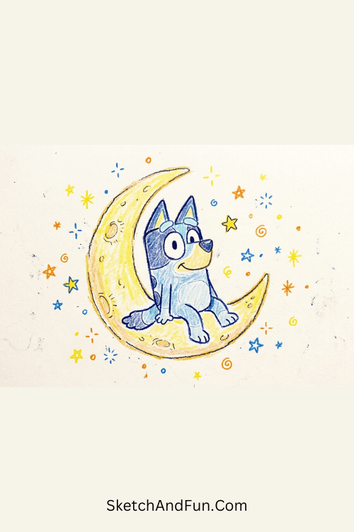 Bluey sitting on a crescent moon in a calm night scene, Bluey printable drawing sheets