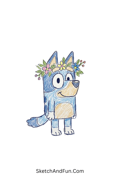 Bluey wearing a floral crown with gentle aesthetic details, Bluey pencil sketch
