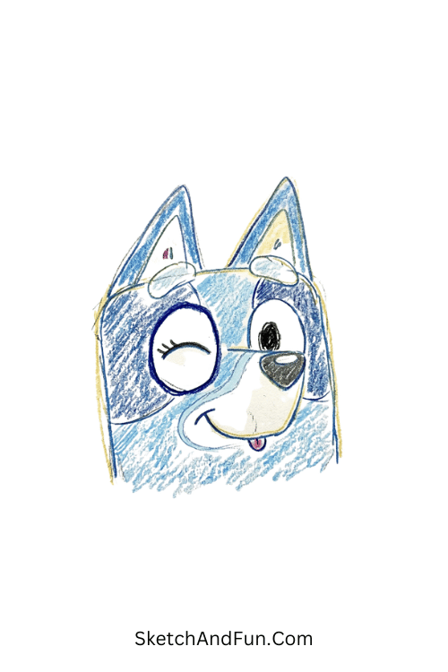 Close-up Bluey winking with playful expression and charm, Bluey cute drawing