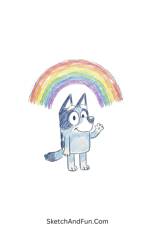 Bluey with a mini rainbow floating above in a happy scene, Bluey drawing ideas