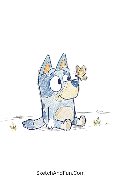 Bluey looking at a tiny butterfly in a calm soft moment, how to draw Bluey