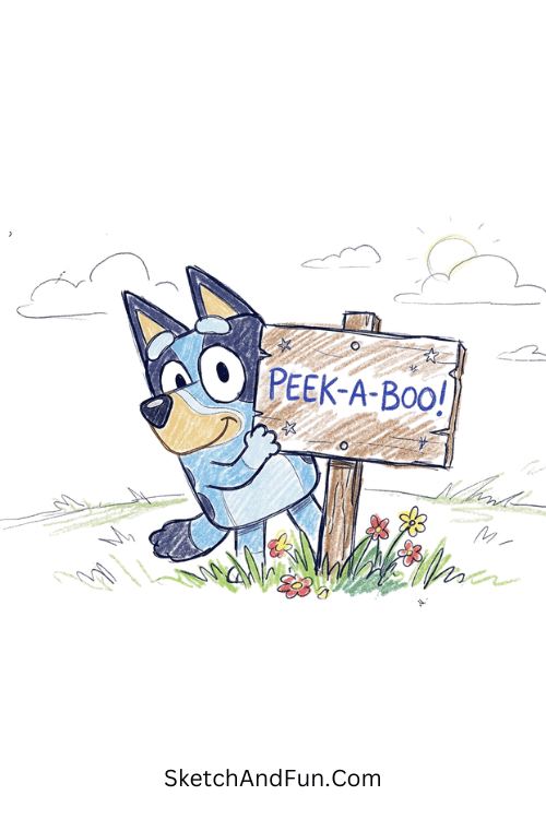Bluey peeking from behind a corner in a playful surprise pose, Bluey and Bingo drawing