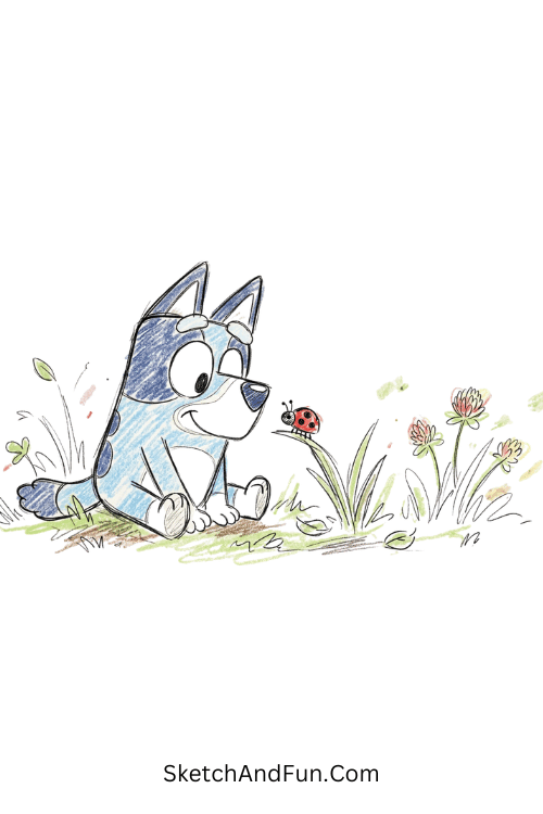 Bluey watching a tiny ladybug in a soft nature moment, Bluey coloring pages