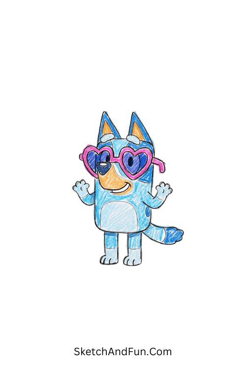 Bluey wearing heart sunglasses in a trendy playful look, Bluey sketch easy