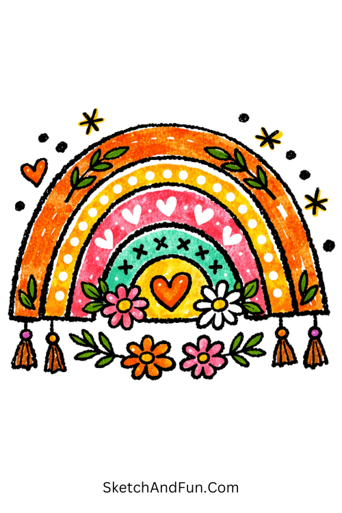Boho rainbow with floral and leaf decorative patterns, acrylic marker art ideas