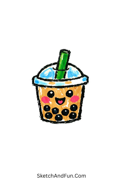 Happy bubble tea cup with cute face and floating boba pearls, Fun acrylic marker art for coloring and sketching