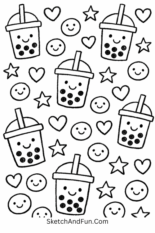 Smiling boba cups, tapioca pearls, stars, and hearts in a trendy repeating drink pattern, full page doodle background ideas