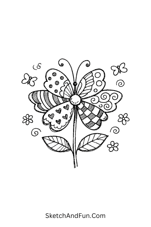 Symmetrical butterfly wing petals with mirrored patterns, Zentangle flower designs for beginners
